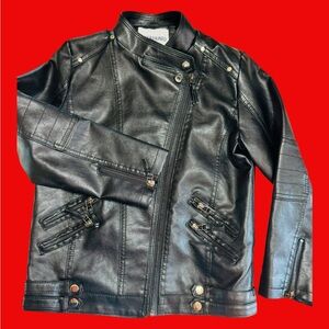 Kids Black Faux Leather Moto Jacket with Zipper Details